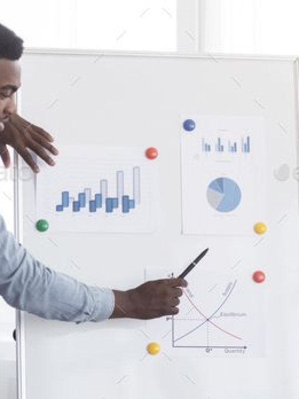 Confident african american businessman demonstrating graphs on whiteboard during presentation Confident african american businessman demonstrating graphs on whiteboard during presentation